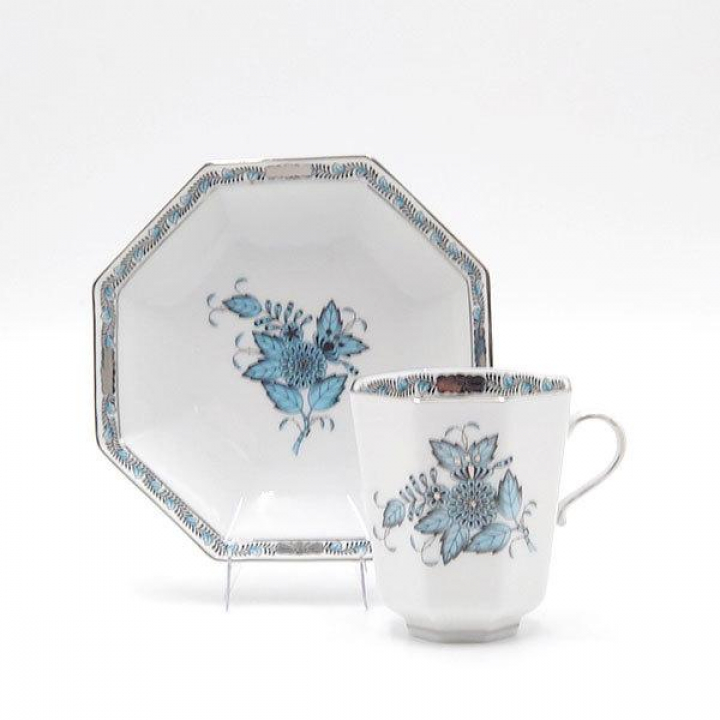 【店舗取り寄せ商品】ヘレンド アポニーターコイズ・プラチナ コーヒーカップ&ソーサー（オクタゴナル） ATQ3-PT-4306-0-00